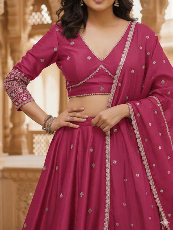 women solid with work semi stitched flared lehenga - 22280997 -  Standard Image - 3