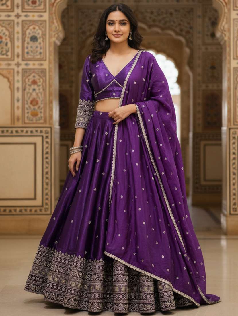 women solid with work semi stitched flared lehenga
