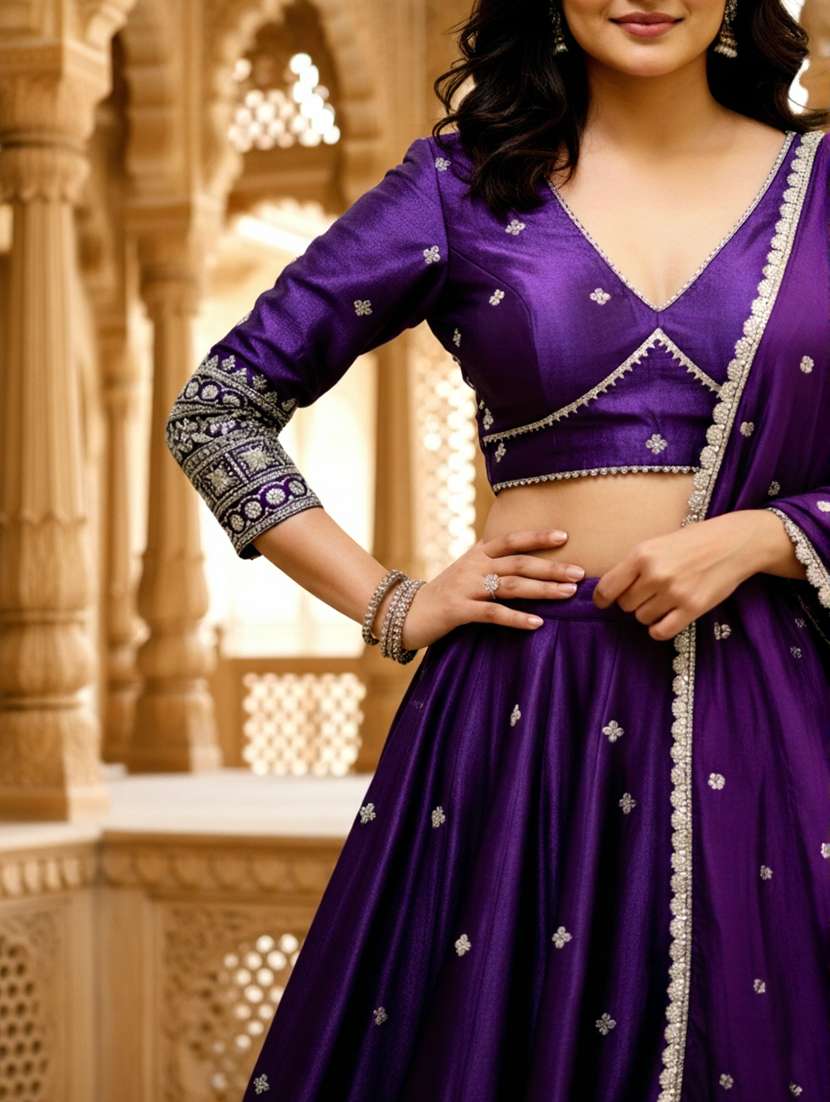 women solid with work semi stitched flared lehenga - 22280999 -  Standard Image - 3