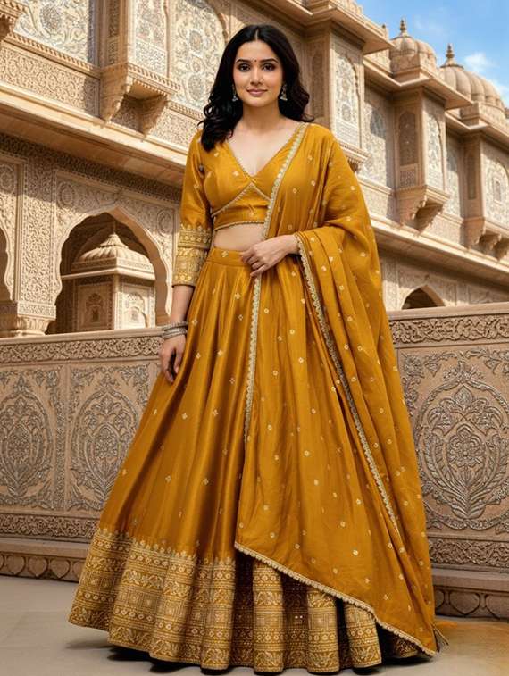 women solid with work semi stitched flared lehenga