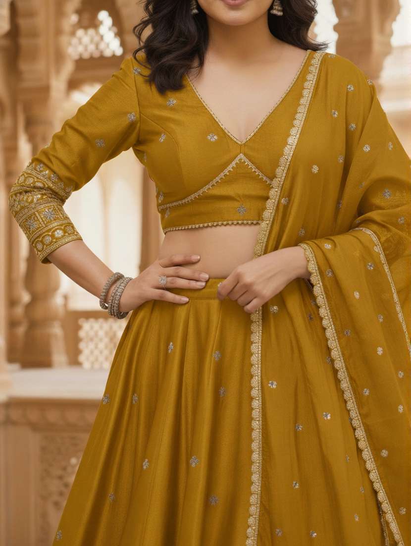 women solid with work semi stitched flared lehenga - 22281000 -  Standard Image - 3