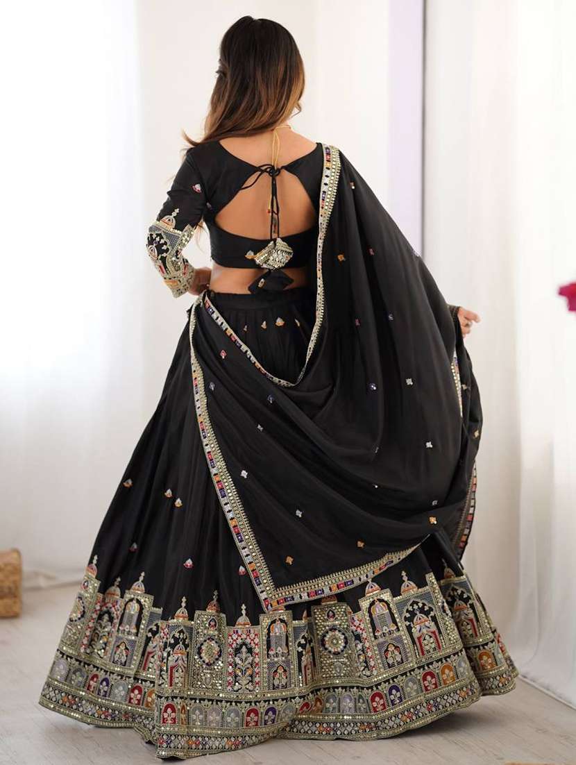 women solid with work semi stitched flared lehenga - 22281001 -  Standard Image - 3