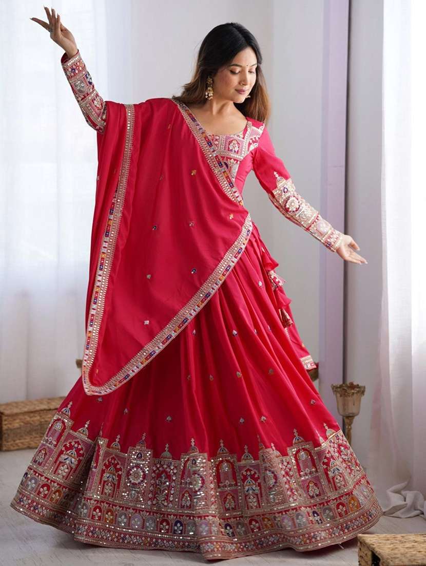 women solid with work semi stitched flared lehenga