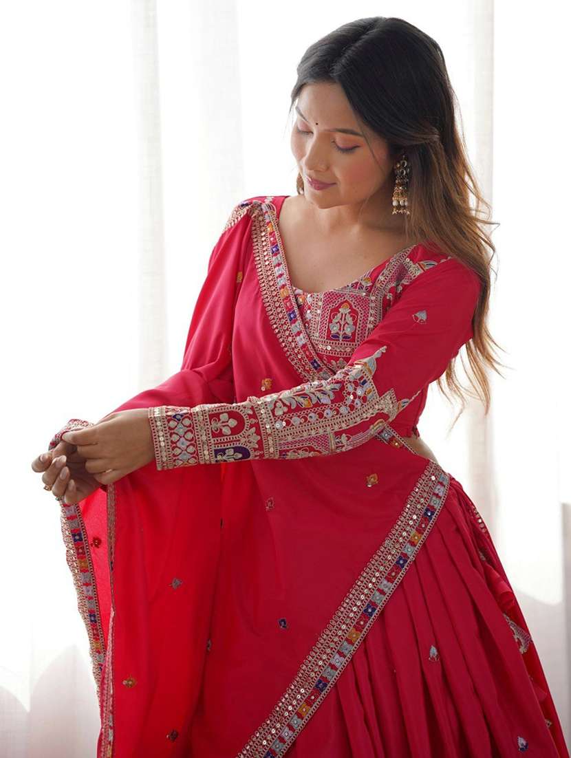 women solid with work semi stitched flared lehenga - 22281002 -  Standard Image - 3