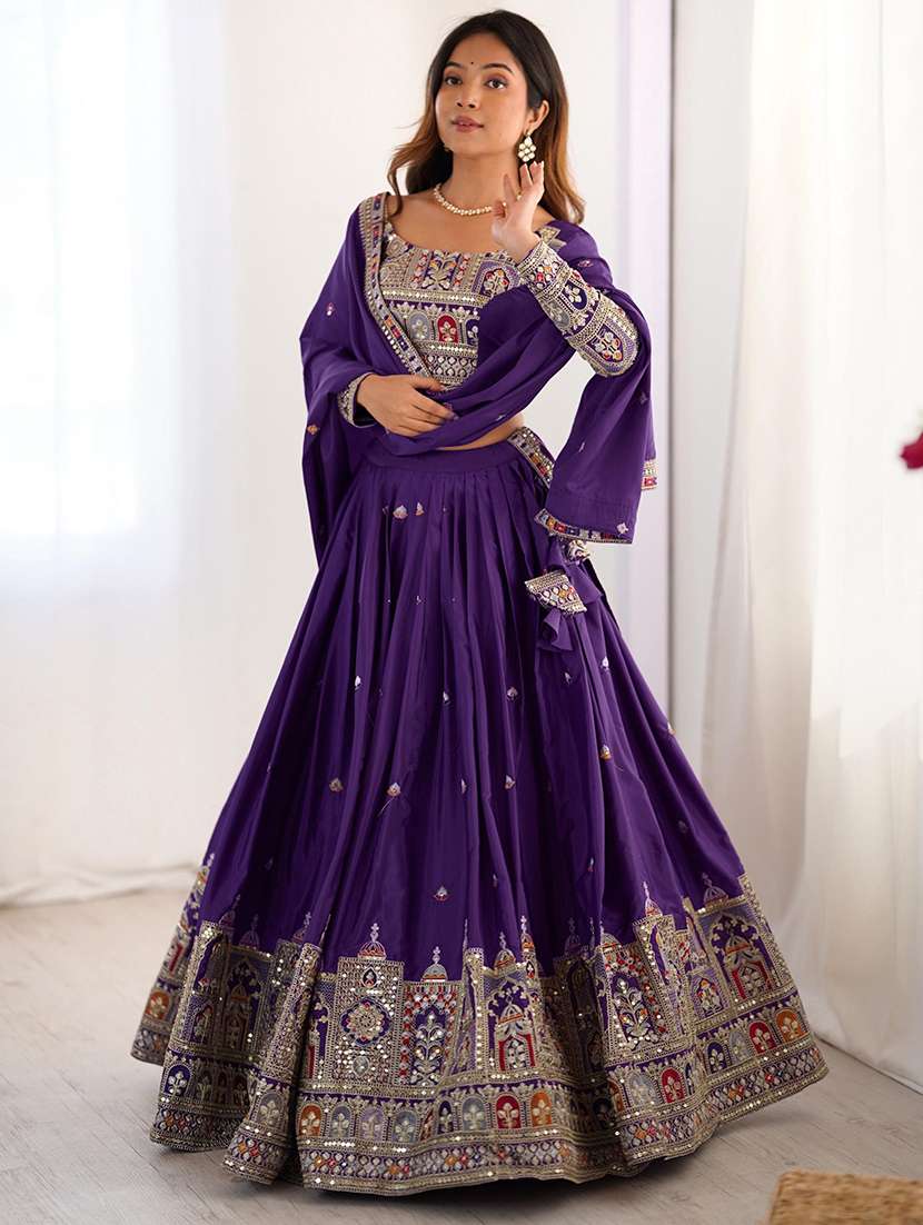 women solid with work semi stitched flared lehenga