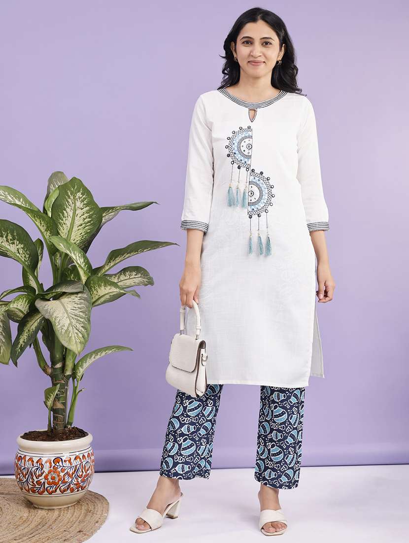 women solid with work three quarter sleeve kurta pant set