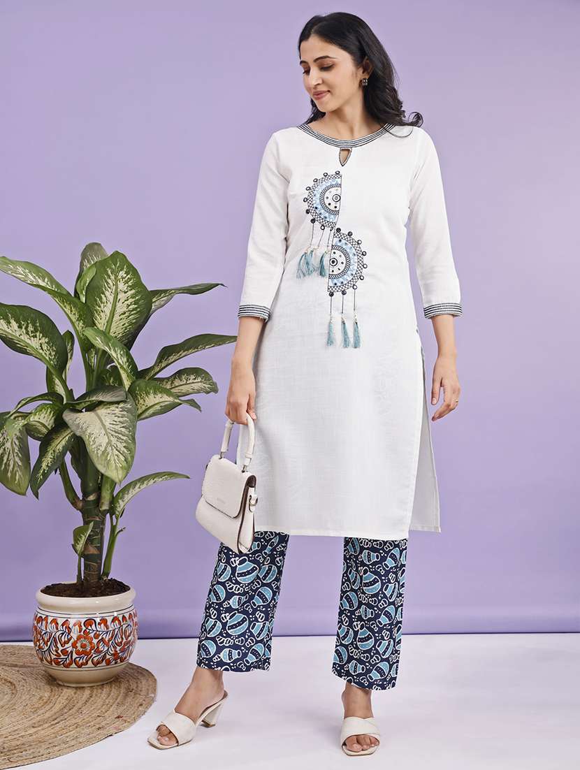 women solid with work three quarter sleeve kurta pant set - 22281016 -  Standard Image - 3