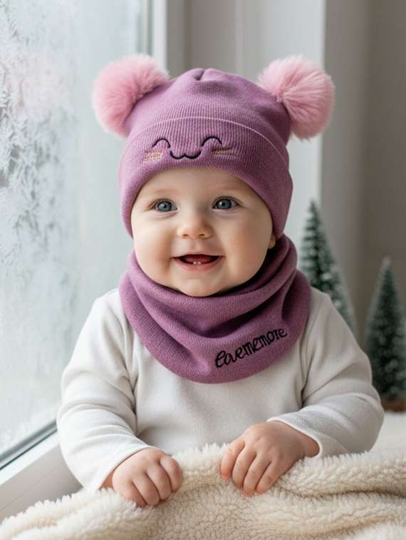 kids woolen cap with neck scarf set