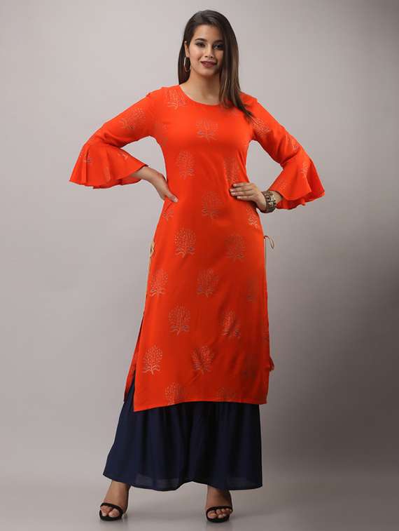women printed bell sleeve kurta sharara set