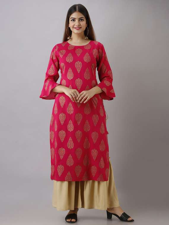 women foil printed bell sleeve kurta sharara set