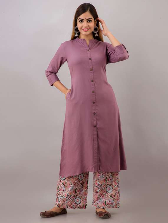 women solid three quarter sleeve kurta pant set
