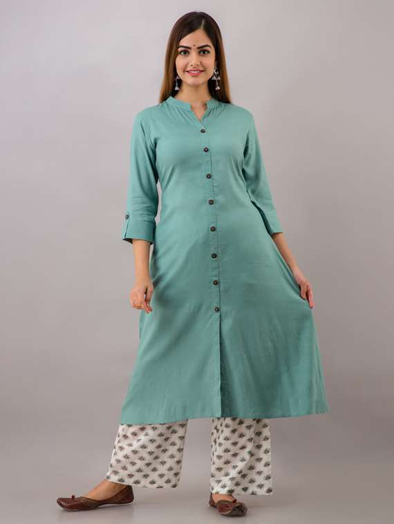 women solid three quarter sleeve kurta palazzo set