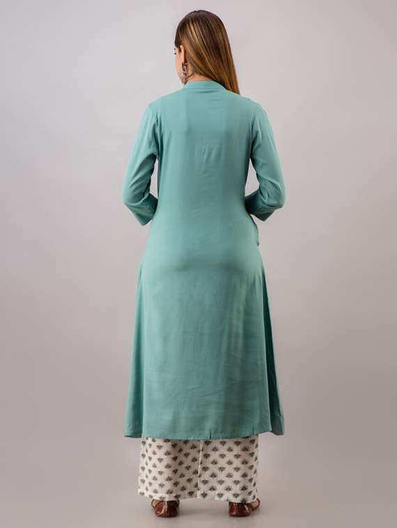 women solid three quarter sleeve kurta palazzo set - 22281172 -  Standard Image - 3