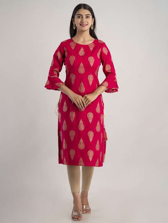 women printed bell sleeve straight kurta