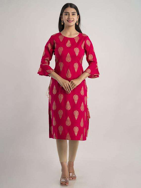 women printed bell sleeve straight kurta