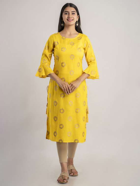 women printed bell sleeve straight kurta