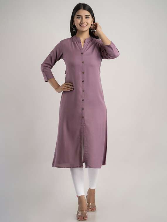 women solid three quarter sleeve a-line kurta