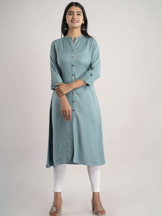women solid three quarter sleeve a-line kurta