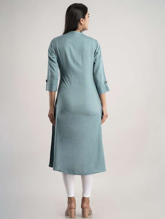 women solid three quarter sleeve a-line kurta - 22281190 -  Standard Image - 3