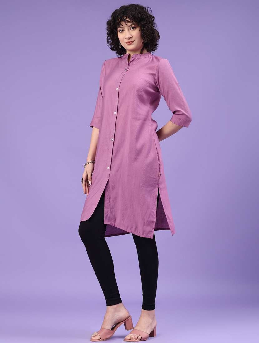women solid three quarter sleeve straight kurta - 22281442 -  Standard Image - 3