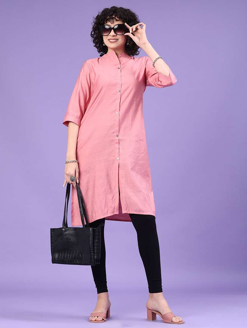 women solid three quarter sleeve straight kurta