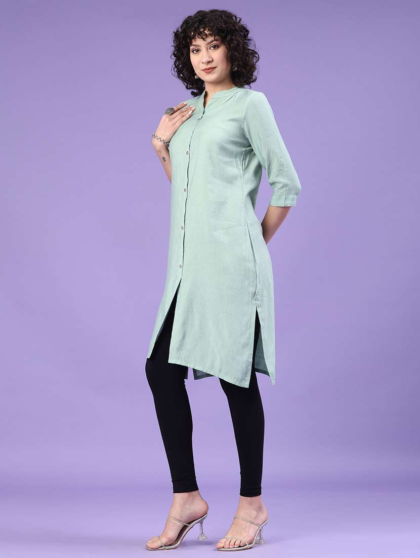 women solid three quarter sleeve straight kurta - 22281444 -  Standard Image - 3