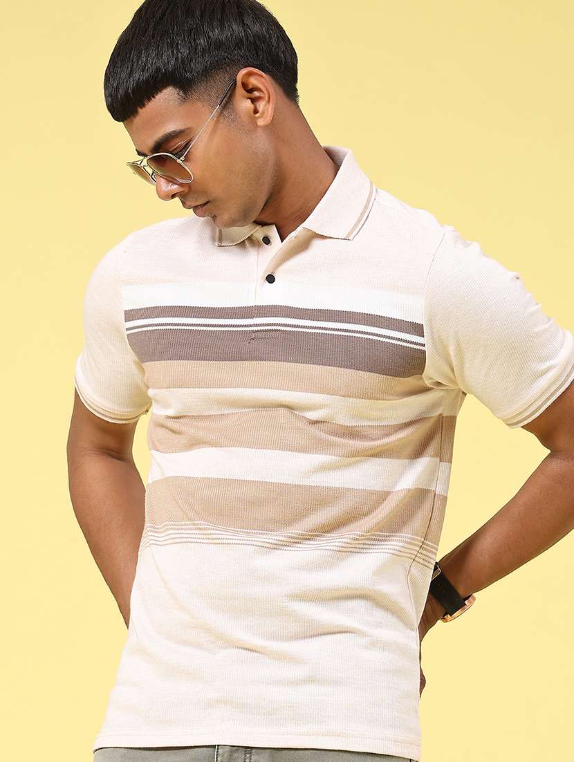 men beige cotton blend plain t-shirt