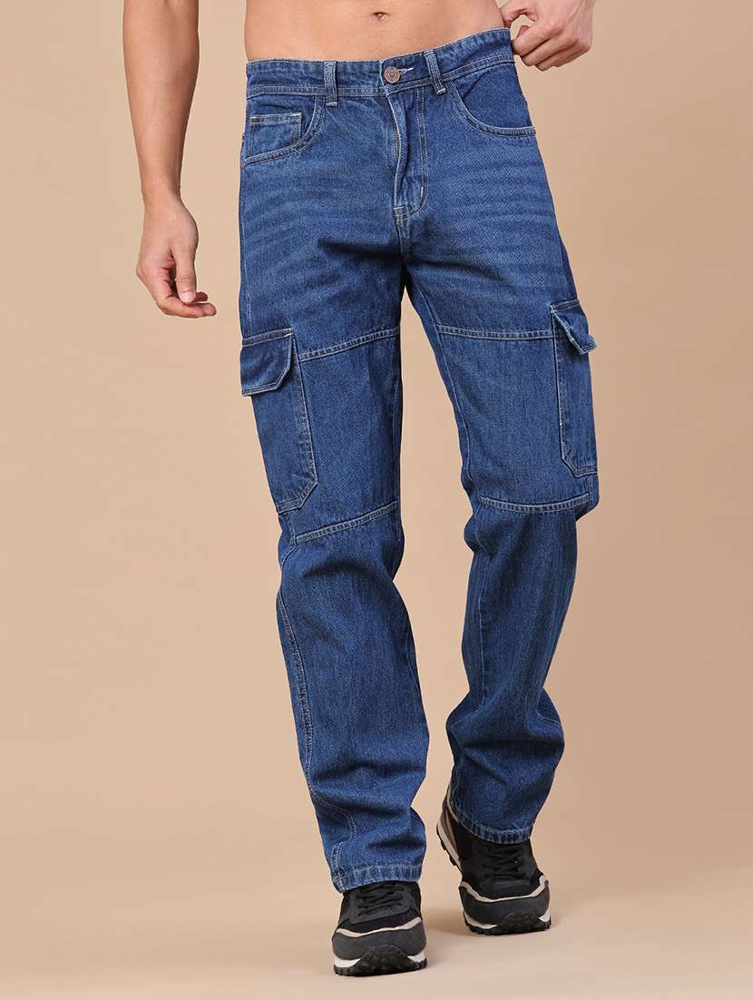 men washed mid rise cargo jeans