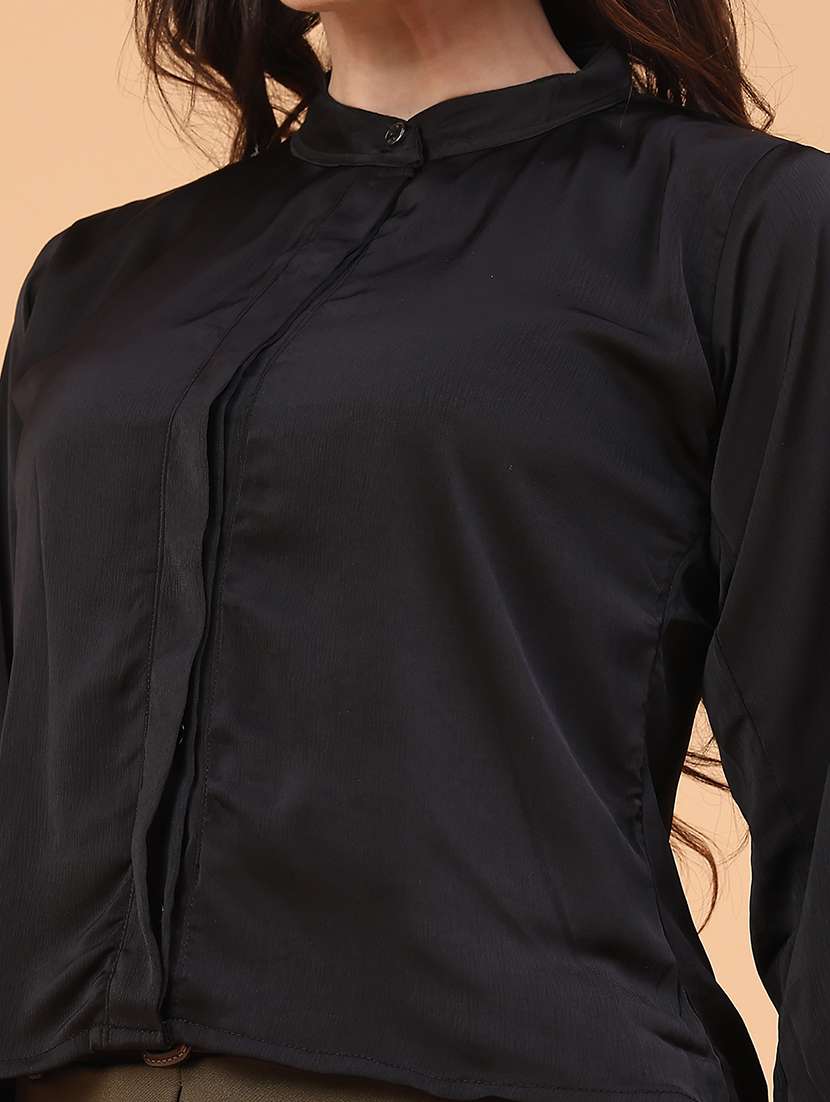 women solid mandarin neck bishop sleeve shirt - 22281709 -  Standard Image - 5