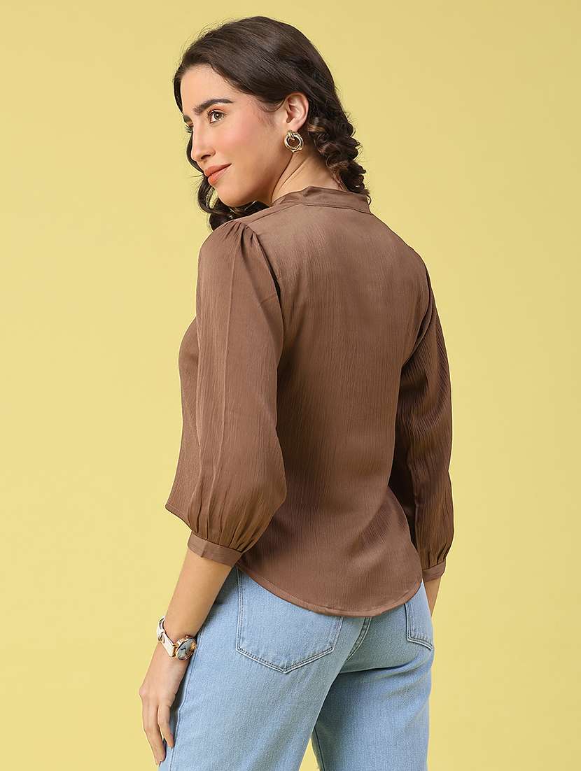 women solid mandarin neck crop shirt - 22281710 -  Standard Image - 3