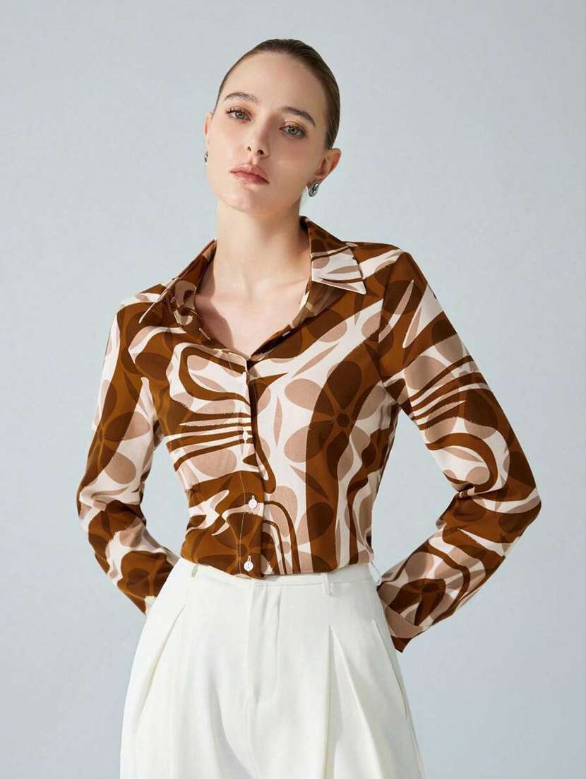 women printed collared long sleeve regular shirt
