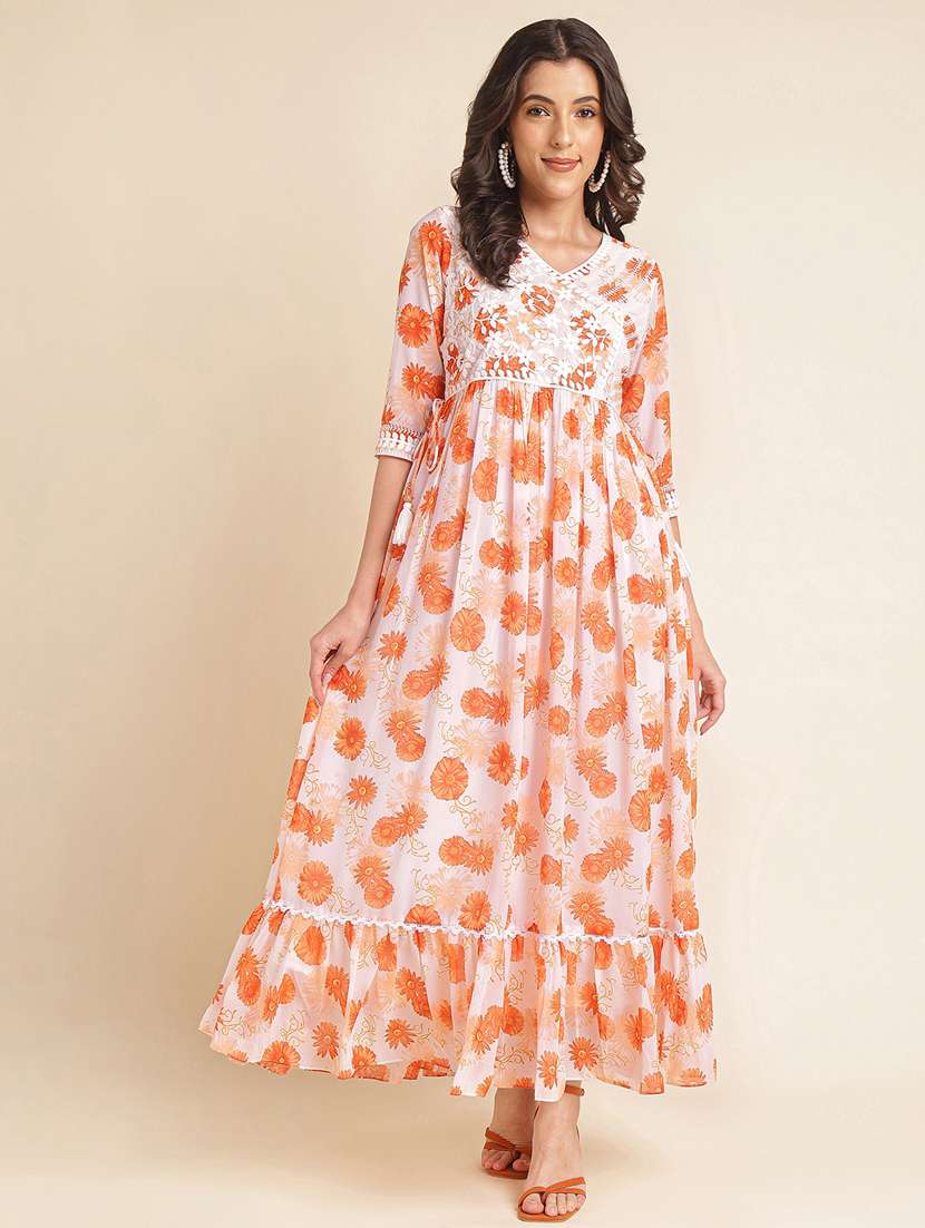 women printed puff sleeve tiered dress
