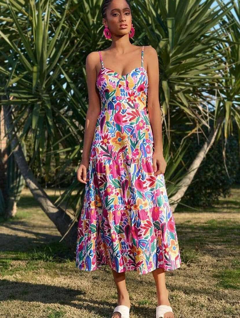 women printed shoulder strap tiered dress