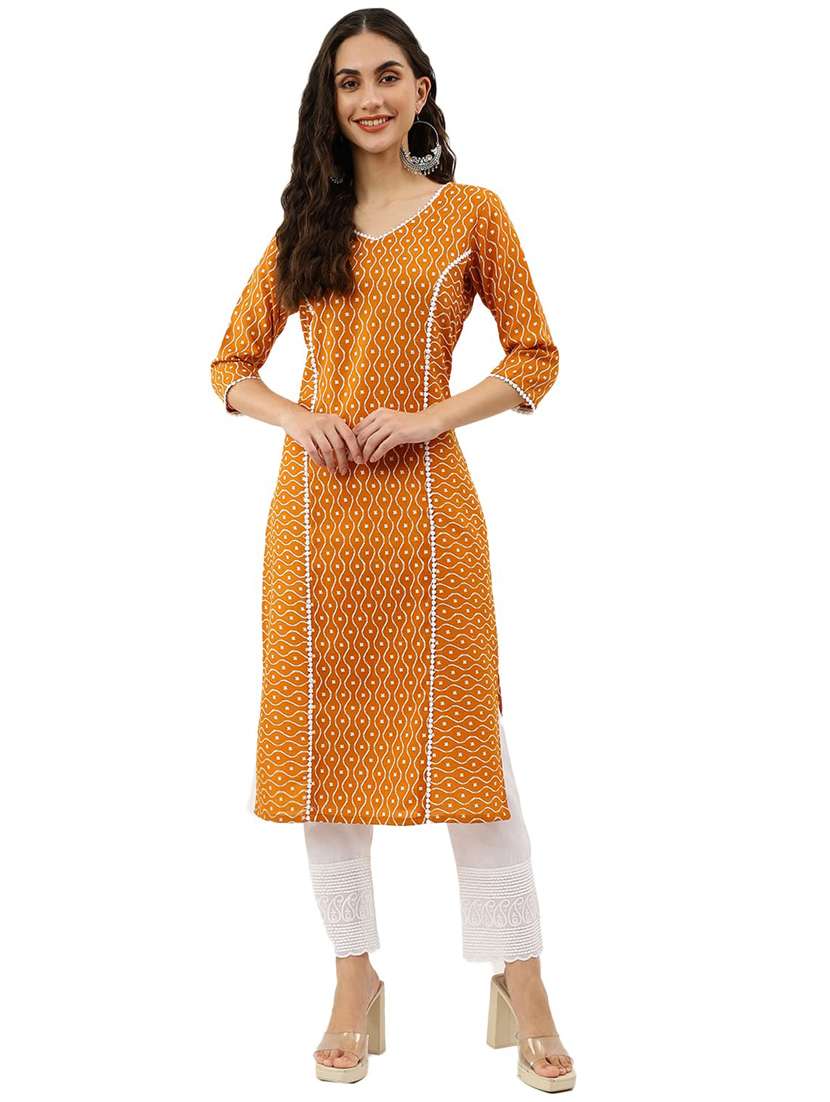 women printed three quarter sleeve straight kurta
