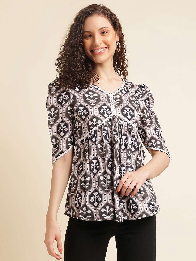 women printed puff sleeve peplum top