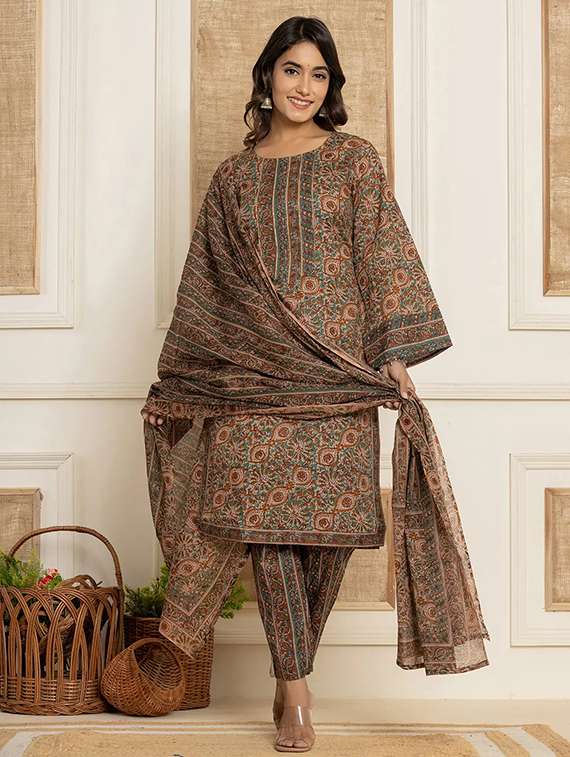 women printed long sleeve kurta pant with dupatta set