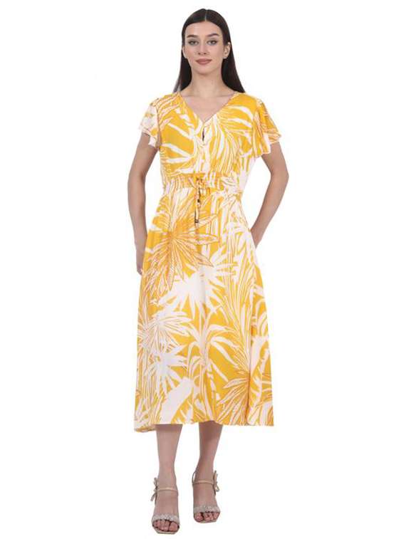 women printed flute sleeve a-line dress