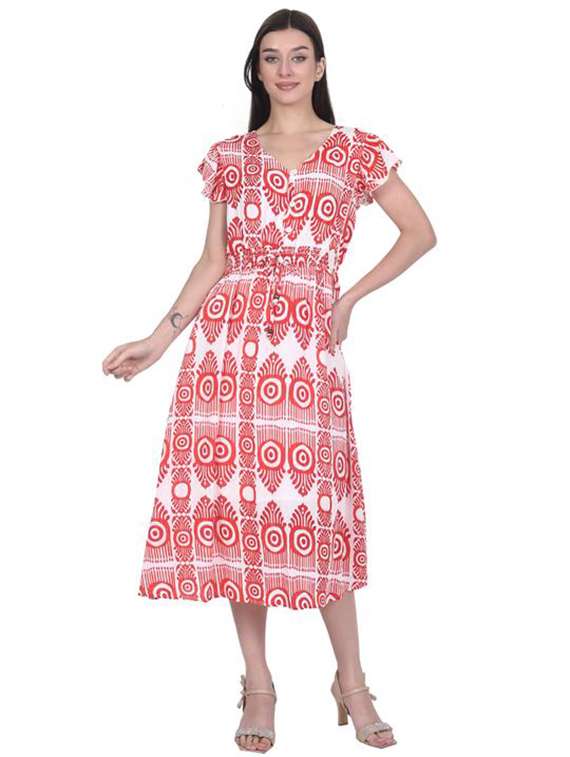 women printed flute sleeve a-line dress