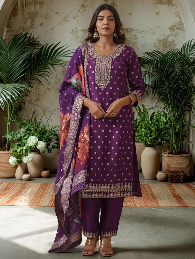 women self design three quarter sleeve kurta salwar with dupatta set