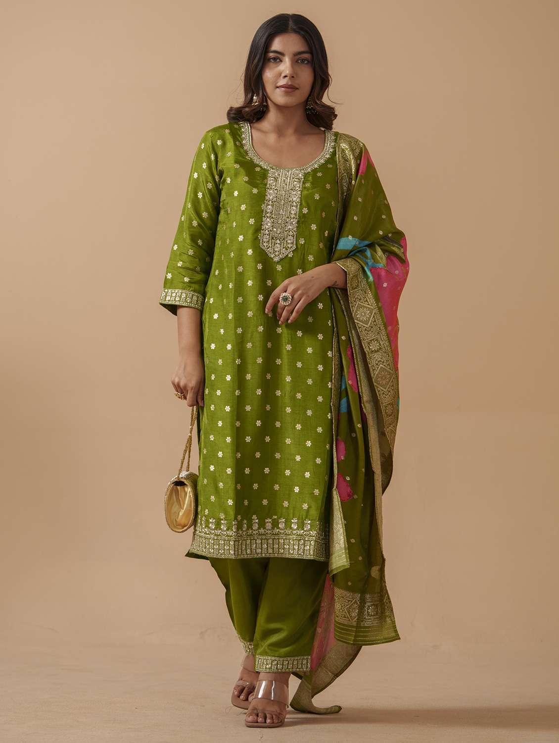 women self design three quarter sleeve kurta salwar with dupatta set