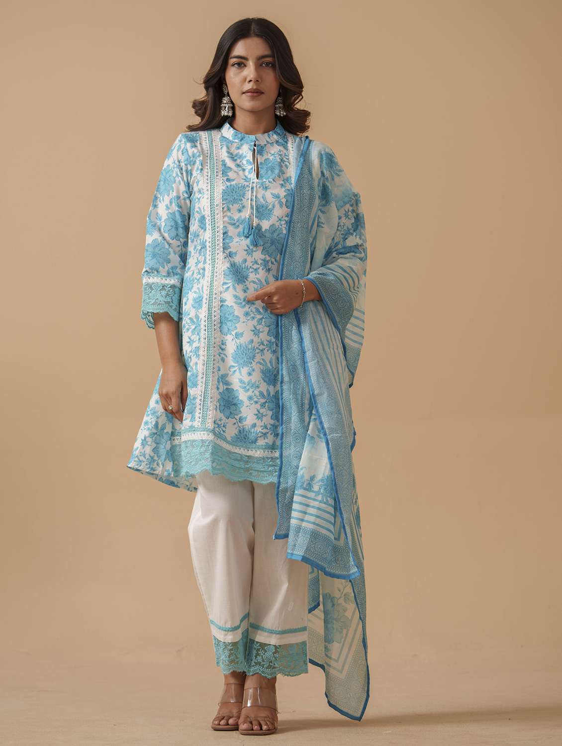 women floral three quarter sleeve kurta pant with dupatta set