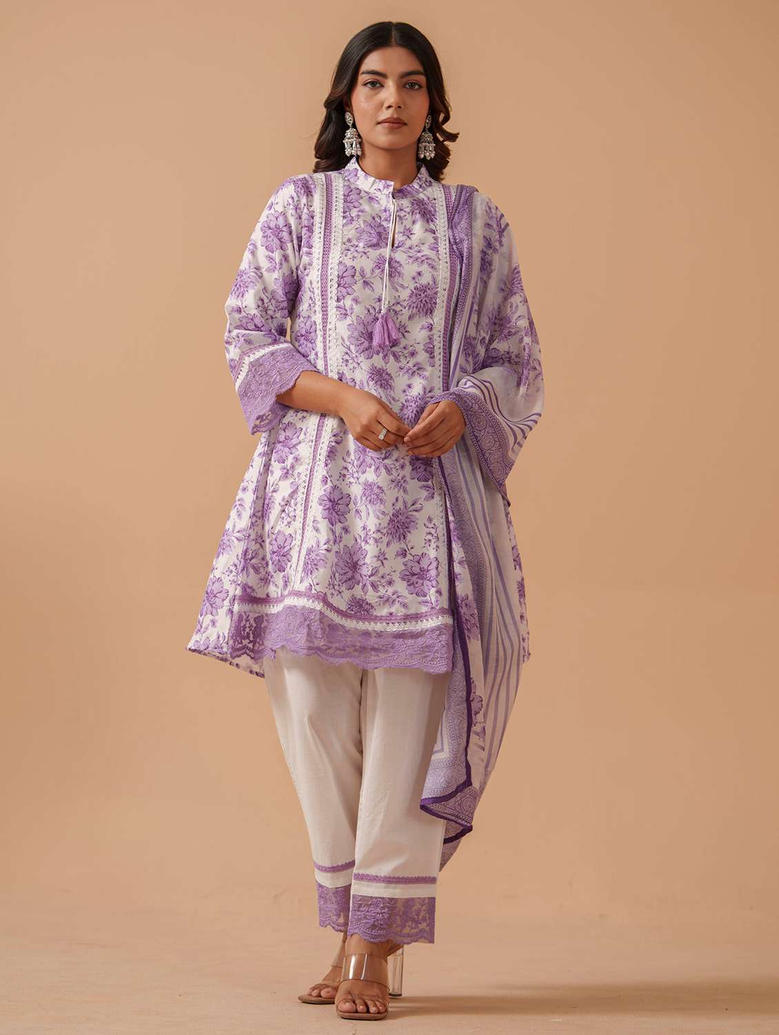 women floral three quarter sleeve kurta pant with dupatta set