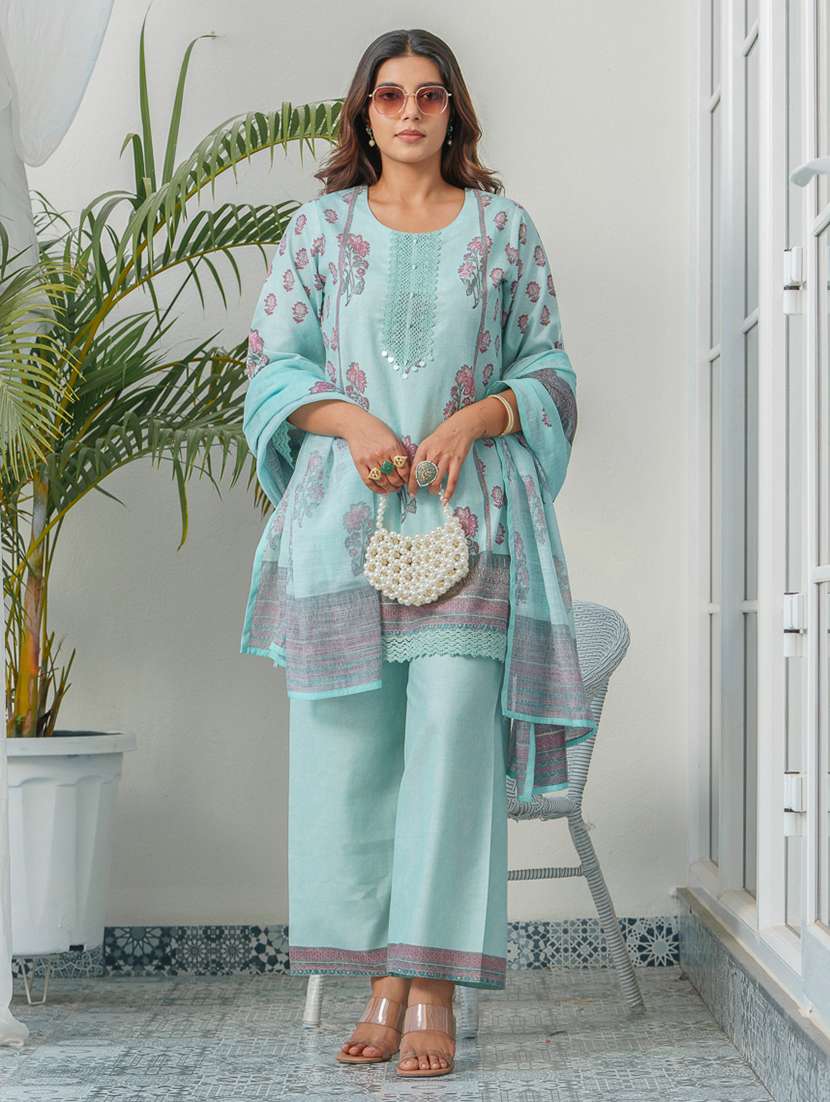 women floral three quarter sleeve kurta pant with dupatta set