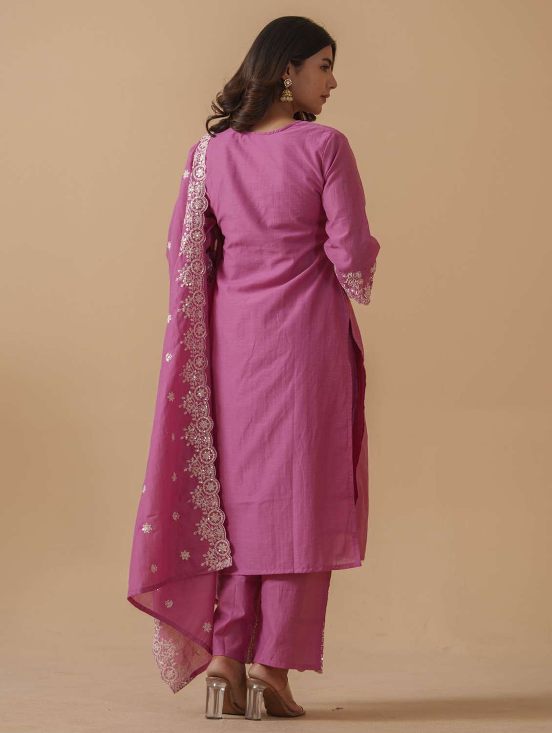 women solid with work three quarter sleeve kurta pant with dupatta set - 22282171 -  Standard Image - 3