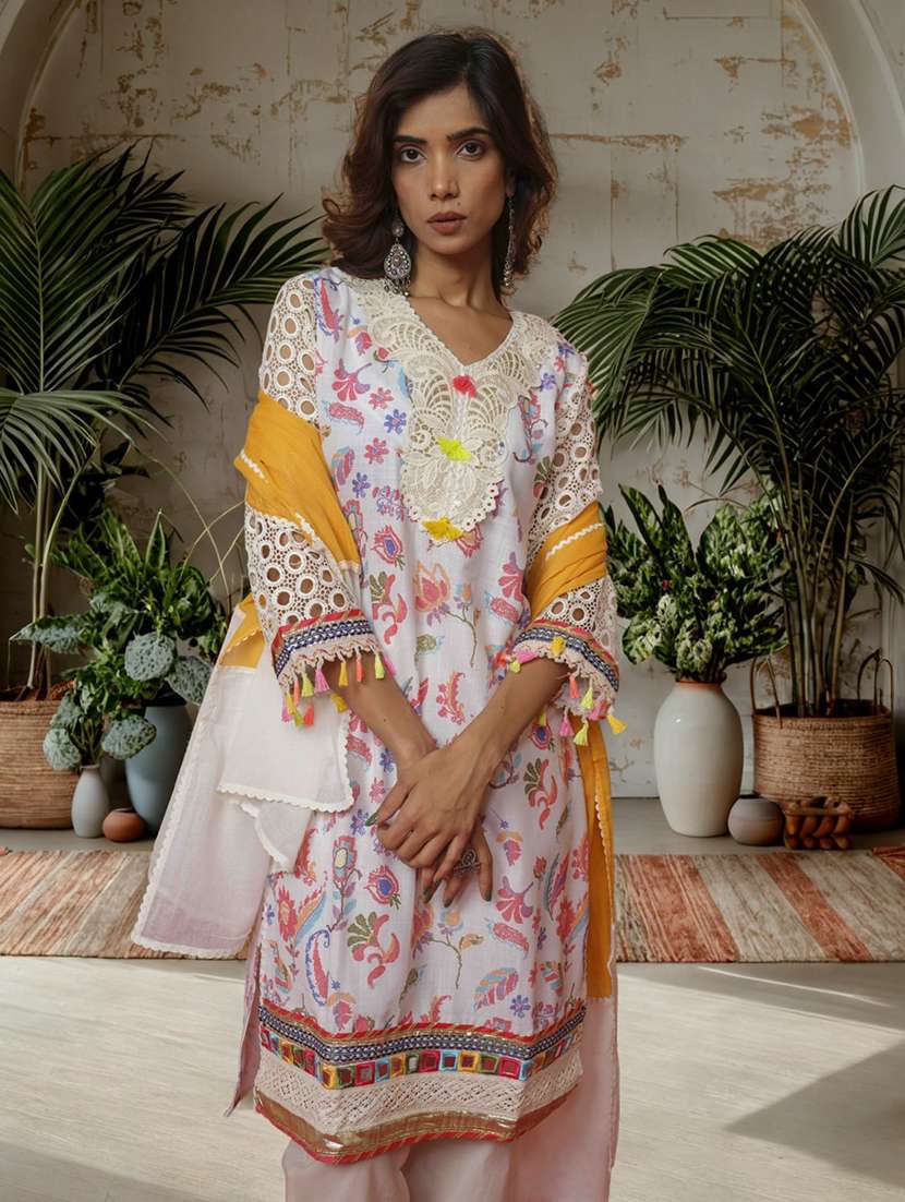 women floral three quarter sleeve kurta pant with dupatta set - 22282175 -  Standard Image - 5