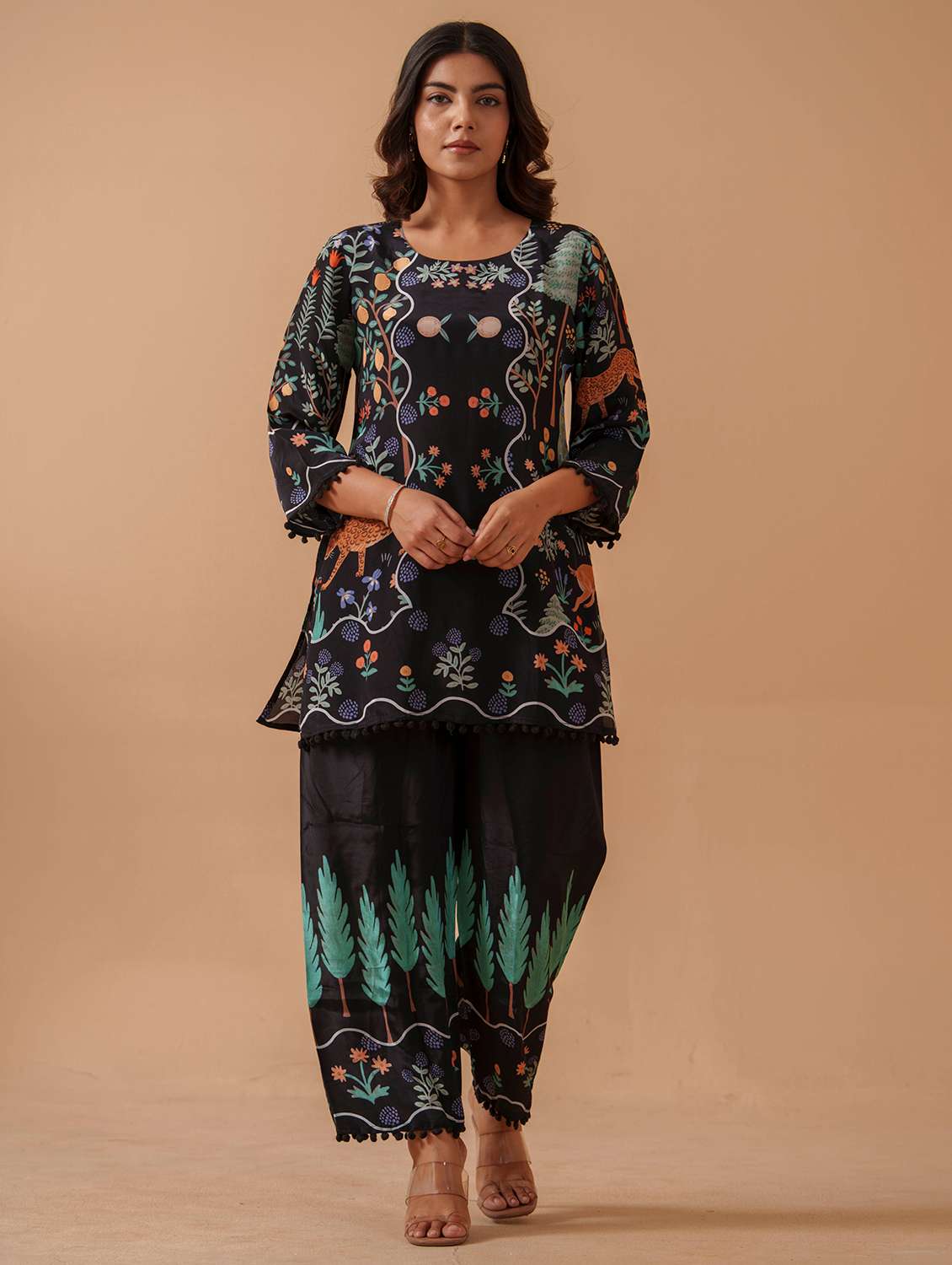 women printed three quarter sleeve ethnic co-ord set