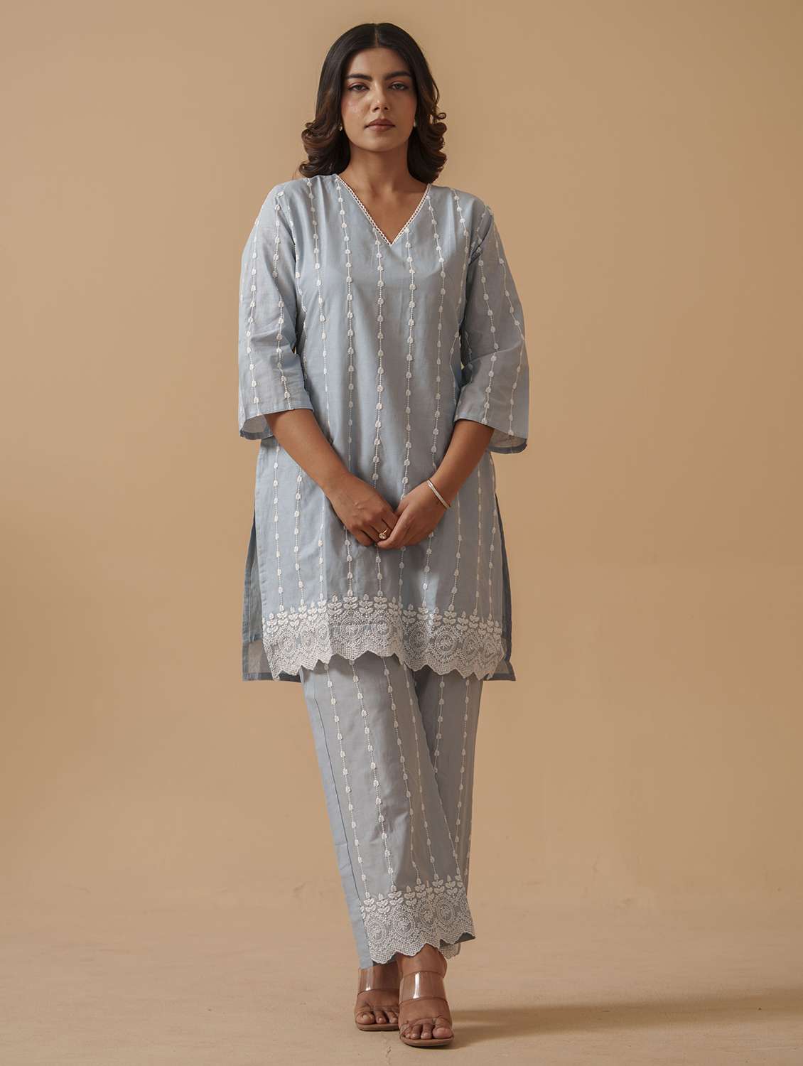 women solid with work three quarter sleeve ethnic co-ord set