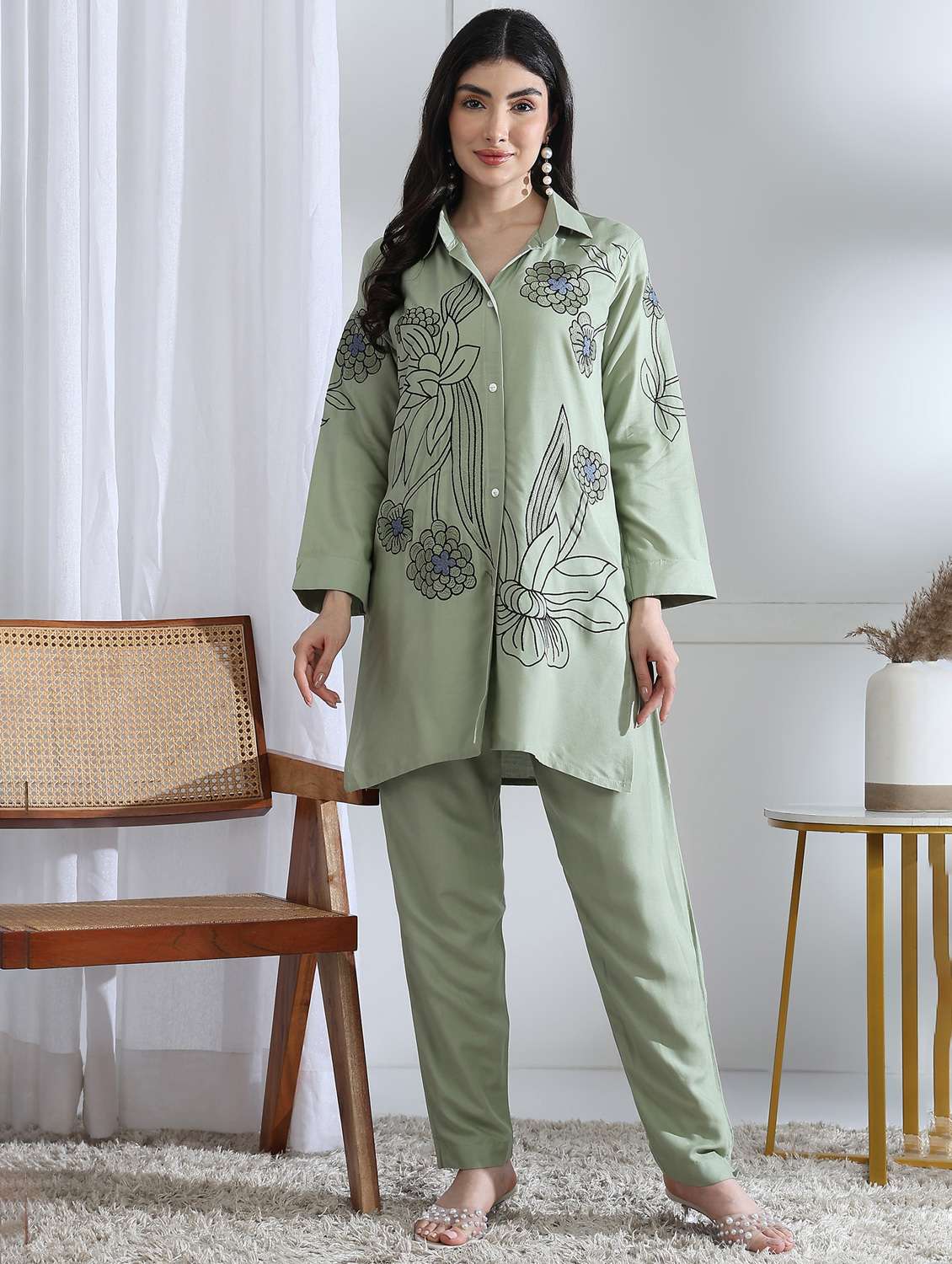 women solid with work long sleeve ethnic co-ord set - 22282199 -  Standard Image - 3