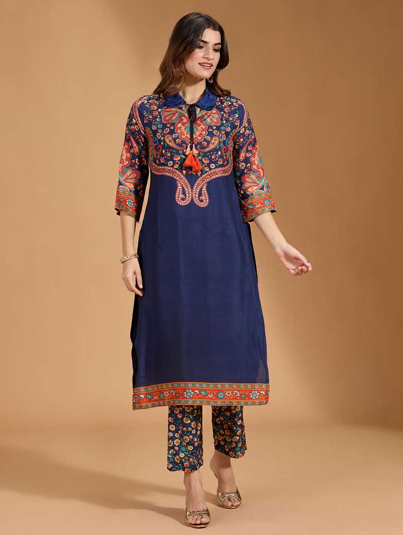 women printed three quarter sleeve kurta pant set 