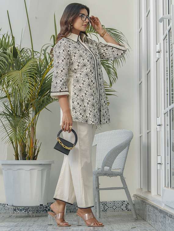 women solid with work three quarter sleeve ethnic co-ord set - 22282209 -  Standard Image - 3